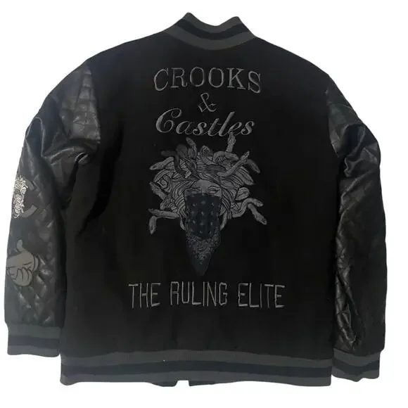 Crooks and Castles All Black Medusa Varsity Bomber Jacket Size Large - Picture 2 of 7
